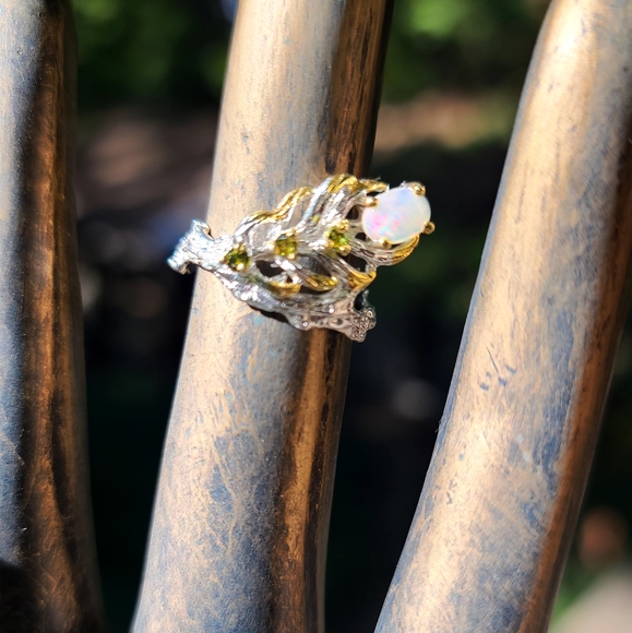 Opal & Peridot sterling & gold feather ring sz6.25 - Picture 3 of 4